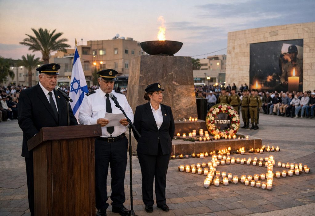 סדרנים מכובדים מנהלים טקס יום הזיכרון בכיכר עירונית בנגב